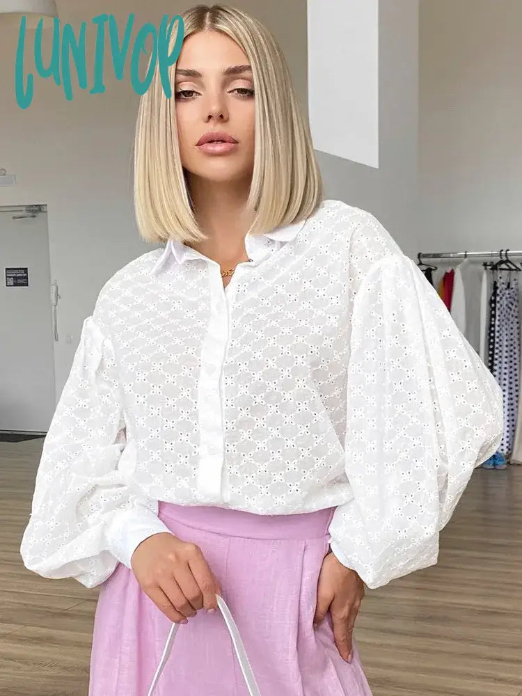 Lunivop Solid Hollow Out Blouses 2024 New Spring Summer Turndown Collar Lantern Sleeve Jacquard Shirts Casual Fashion Blouse Female Tops