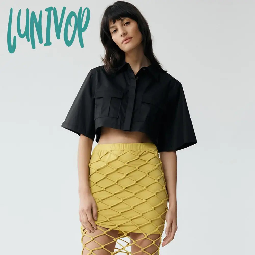 Lunivop Solid Pockets Cropped Blouses Women Spring Summer Chic Fashion Lapel Collar Short Sleeve Shirt 2024 New Streetwear Casual Blouse