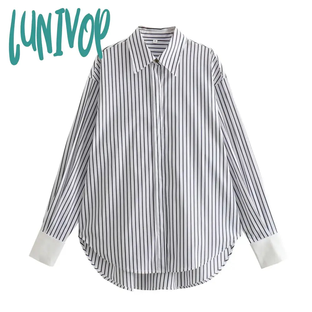 Lunivop Spring Summer Striped Blouses 2024 New Simple Long Sleeve Lapel Collar Patchwork Blouse Ladies Casual Fashion Shirts For Women