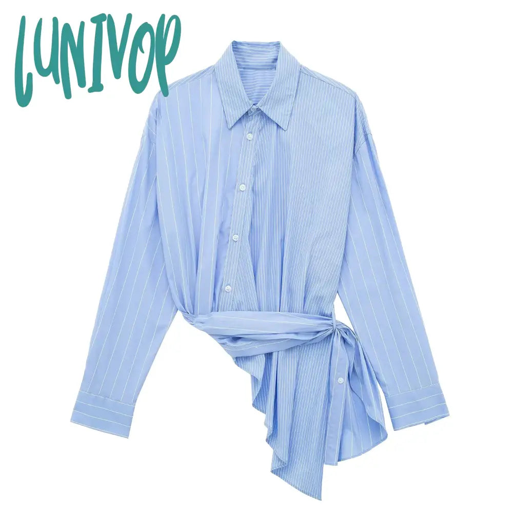 Lunivop Striped Patchwork Shirts For Women Long Sleeve Lapel Collar Irregular Hem Classic Blue Blouses 2024 New Casual Fashion Blouse