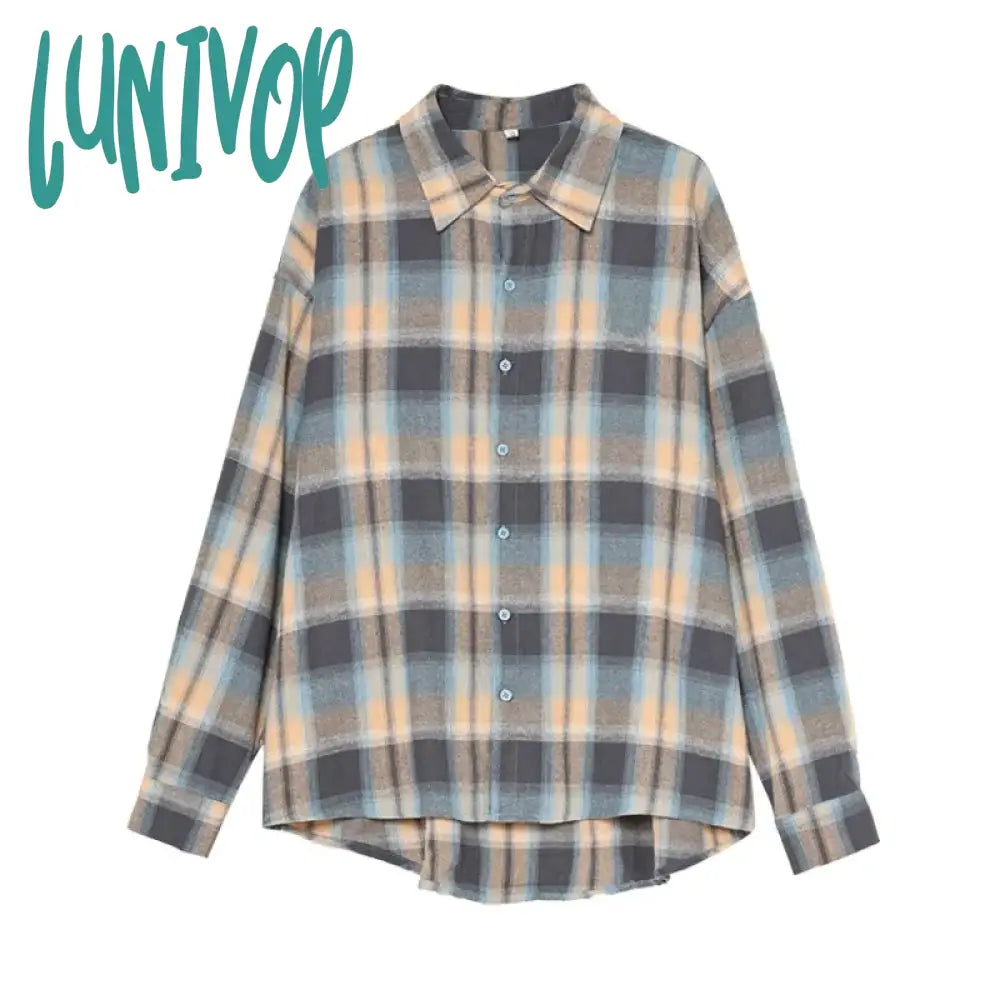 Lunivop Vintage Plaid Blouse Women Korean Style Kpop Button Shirts Harajuku Fashion Outerwear Casual Long Sleeve Tops Autumn