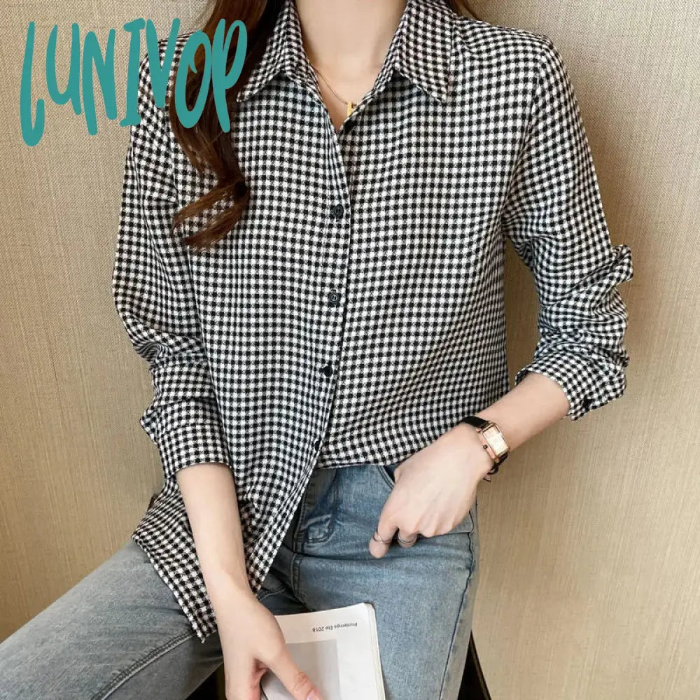 Lunivop Women Clothes Simple Basic Plaid Casual Shirt Top Spring Autumn Long Sleeve Fashion Daily All-match Blouses