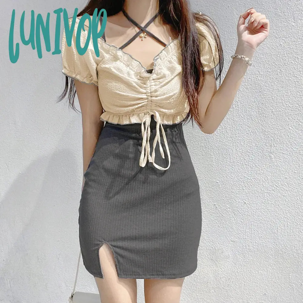 Lunivop Women Dress Sexy 2 Piece Sets Strap Vintage Dresses Elegant Long Sleeve Tops Blouse Female Shirts Outfits New Korean Summer