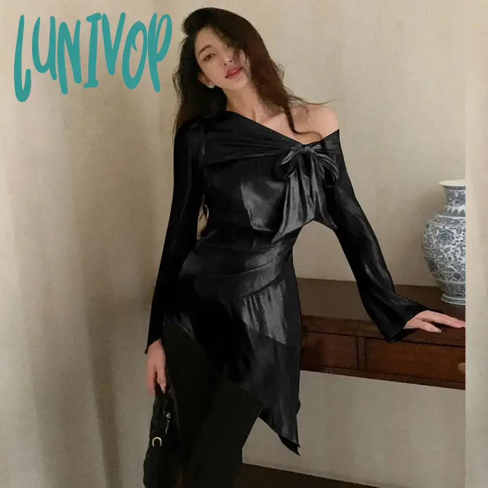 Lunivop Y2k Aesthetic Pleated Skew Collar Solid Women Blouse Sexy Slim Grunge Bandage Bow Shirt Harajuku Irregular Streetwear Blusas