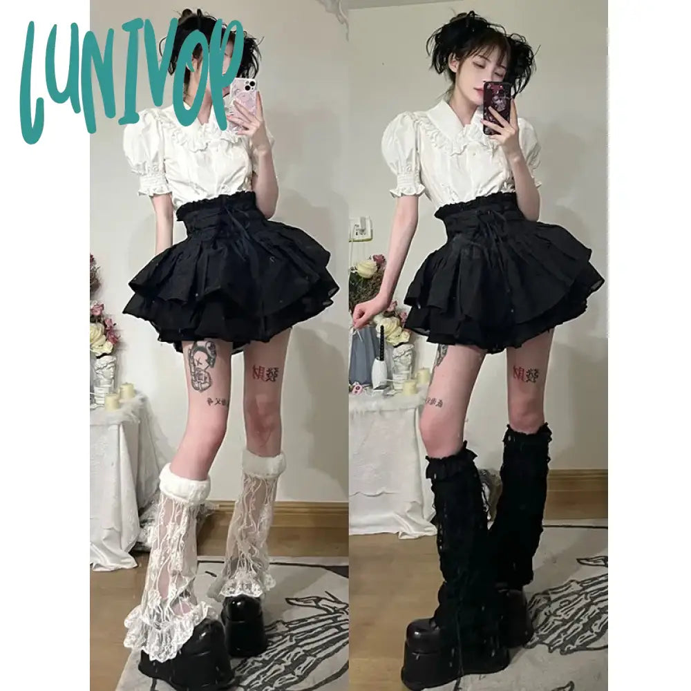 Lunivop Y2K Women Two Pieces Sets Kawaii Lolita White Shirts Short Sleeve Blouse Black Skirts Girls Outfits Casual Suits New Summer