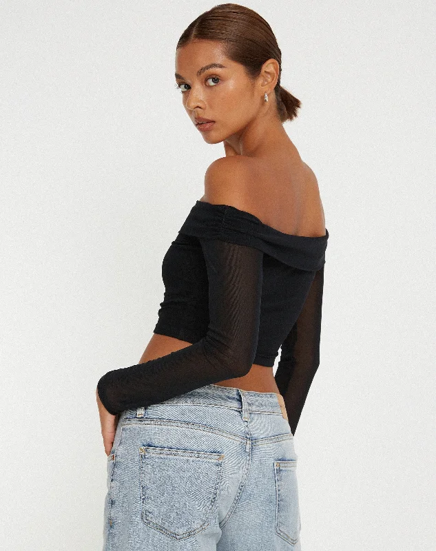 Nagini Long Sleeve Bardot Crop Top in Black