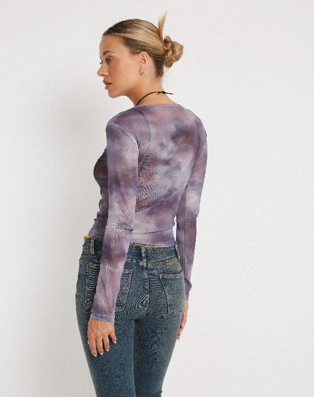 Narita Long Sleeve Mesh Crop Top in Smokey Gradients Purple