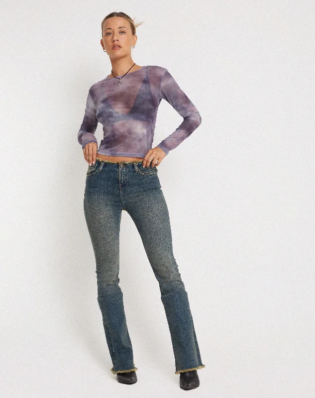 Narita Long Sleeve Mesh Crop Top in Smokey Gradients Purple