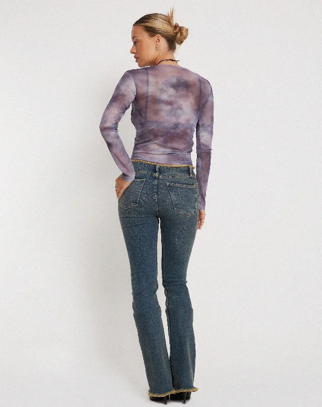 Narita Long Sleeve Mesh Crop Top in Smokey Gradients Purple