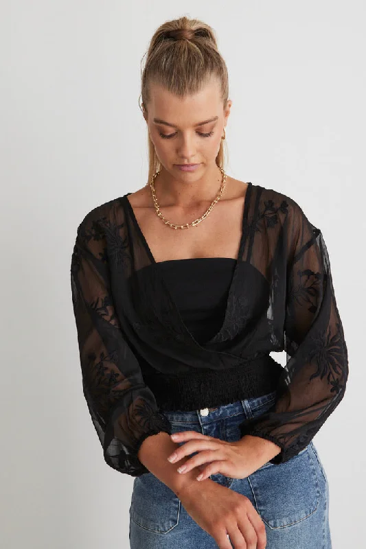 Nightfall Black Embroidered Sheer Cropped Ls top