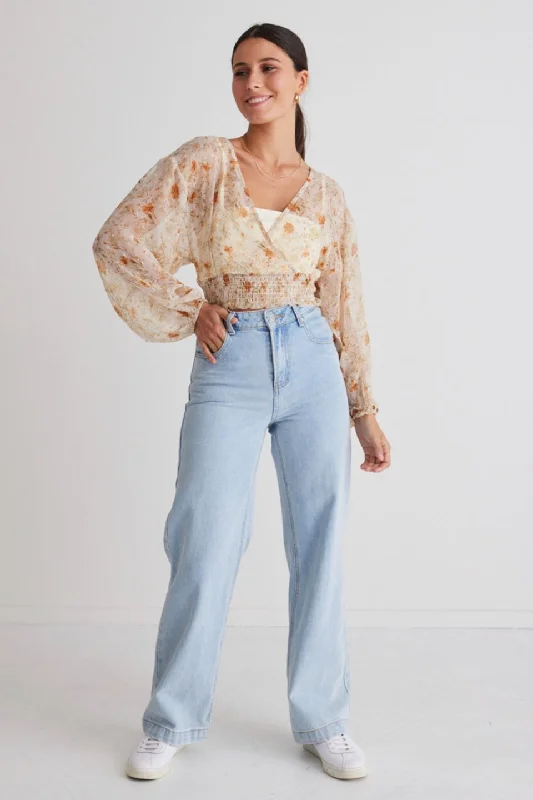 Nightfall Cream Floral Ls Sheer Cropped Top