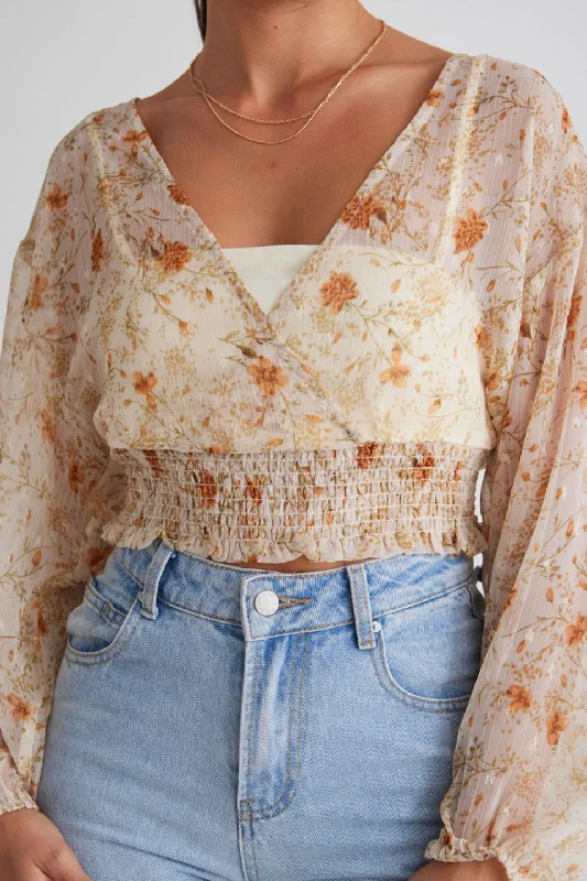 Nightfall Cream Floral Ls Sheer Cropped Top