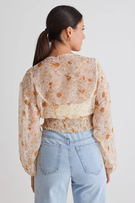 Nightfall Cream Floral Ls Sheer Cropped Top