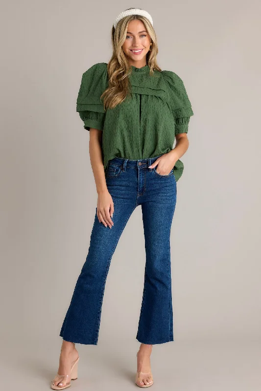 Olive Dreams Green Seersucker Puff Sleeve Top