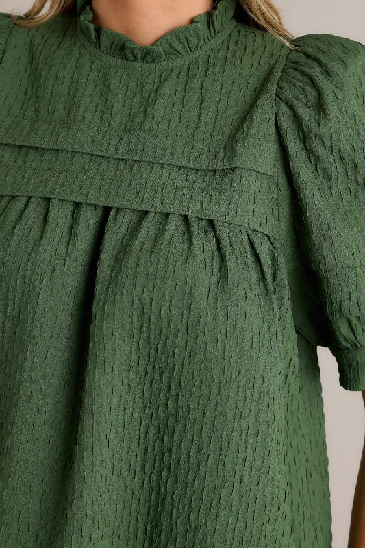 Olive Dreams Green Seersucker Puff Sleeve Top