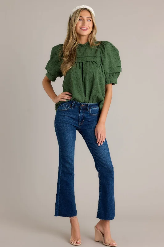 Olive Dreams Green Seersucker Puff Sleeve Top