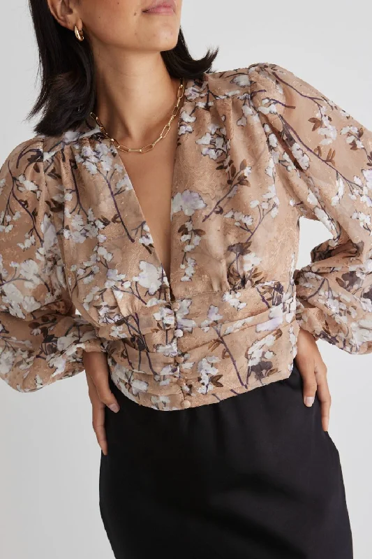 Reign Fawn Floral Balloon Sleeve Button Front Crop Top