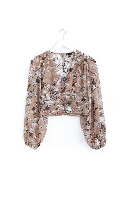 Reign Fawn Floral Balloon Sleeve Button Front Crop Top