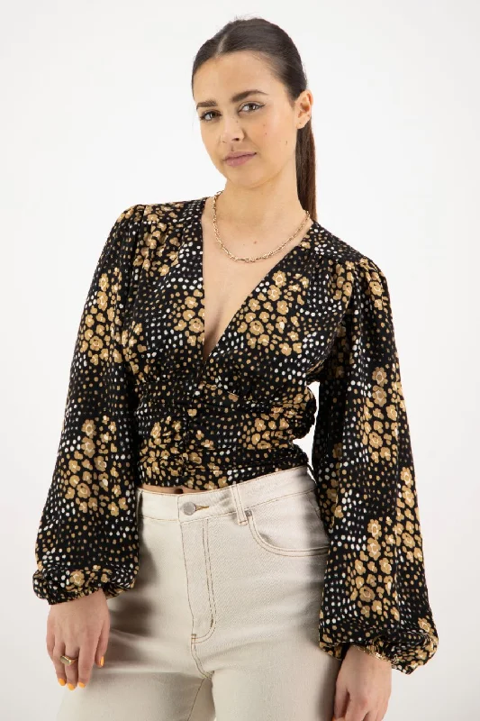 Reign Gold Spot LS Balloon Sleeve Plunge Button Front Crop Top