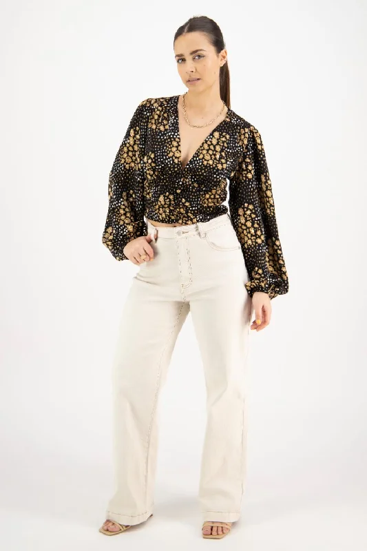 Reign Gold Spot LS Balloon Sleeve Plunge Button Front Crop Top