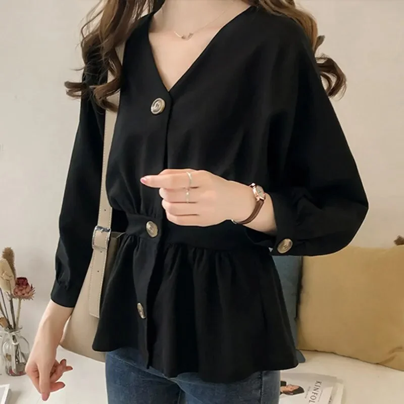 Ruffles Waist V-Neck Autumn Blouses