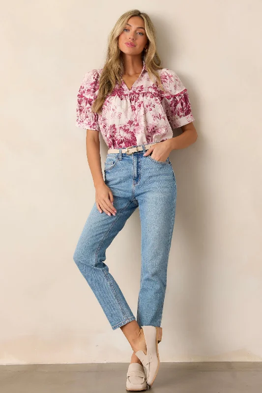 Serene Day Magenta Floral Puff Sleeve Top