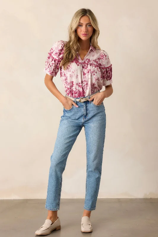 Serene Day Magenta Floral Puff Sleeve Top