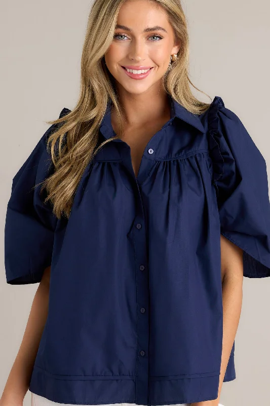 True Radiance 100% Cotton Navy Button Front Top