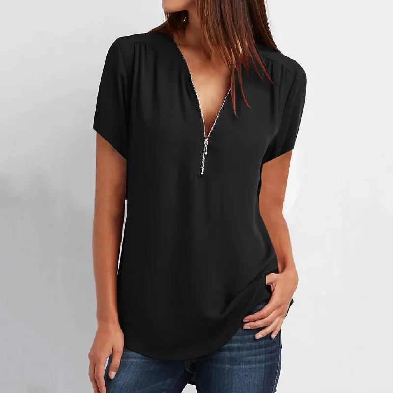 Zipper V Neck Summer Blouses