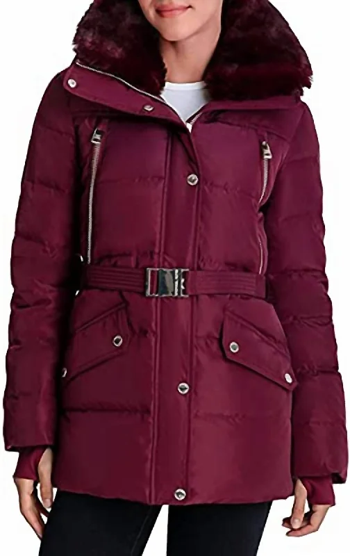 Belted Down Quilted Jacket Coat in Dark Ruby