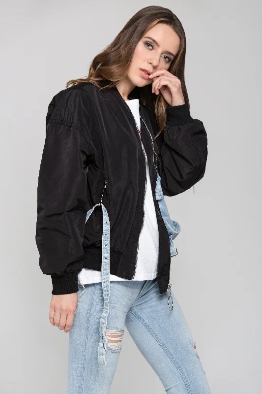 Black and Denim Panel Bomber Jacket