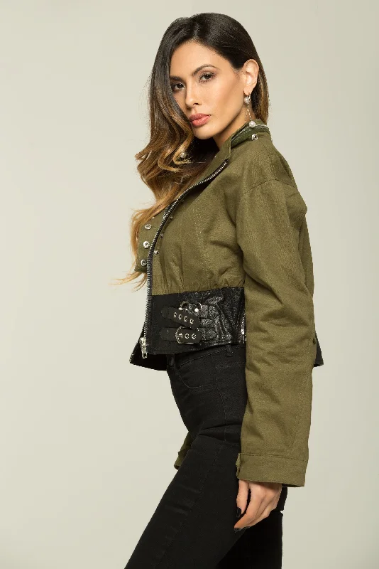 Olive Green and Black Full Sleeves Zip Up Jacket