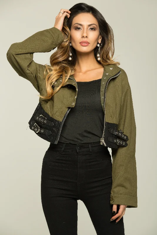 Olive Green and Black Full Sleeves Zip Up Jacket