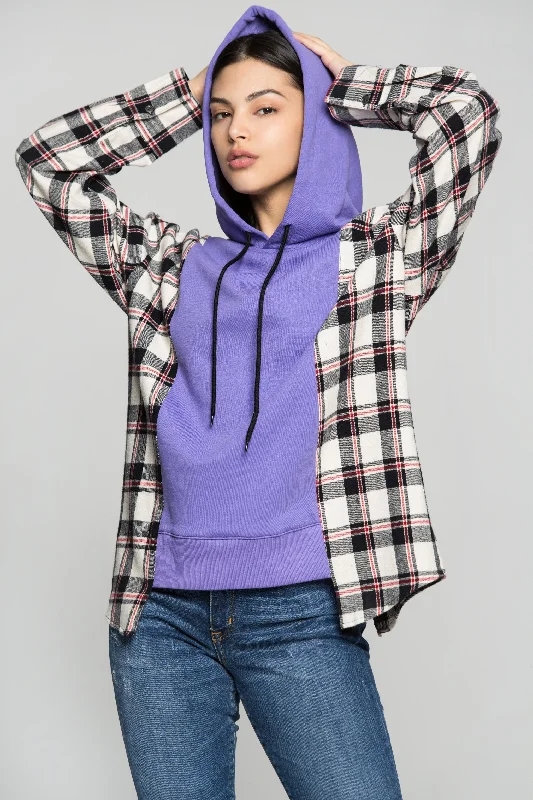 Purple Drawstring Hooded Tartan Print Jacket