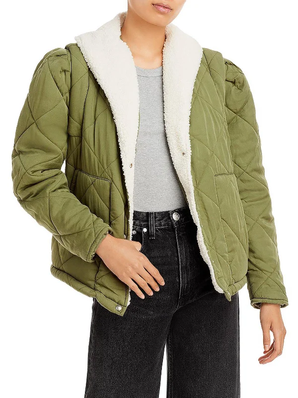 Womens Faux Fur Trim Quilted Puffer Jacket