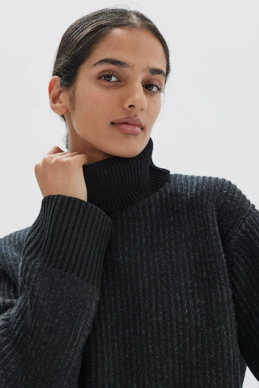 Krista Roll Neck Wool Rib Knit Jumper | Black