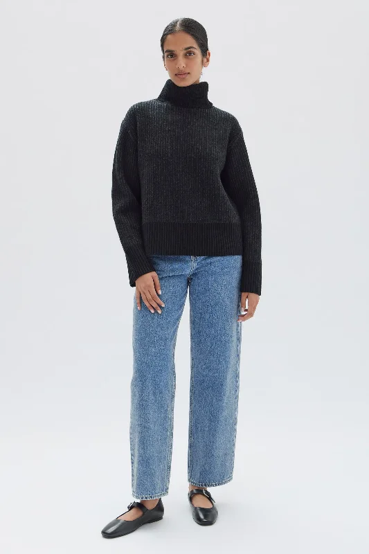 Krista Roll Neck Wool Rib Knit Jumper | Black