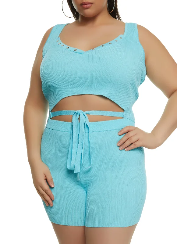 Plus Size Daisy Tie Front Cropped Tank Top