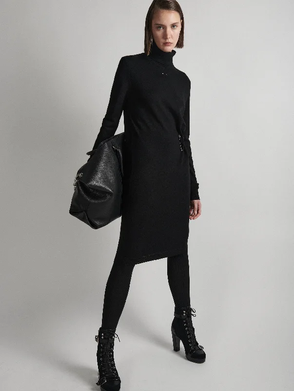 Black merino knit turtleneck dress