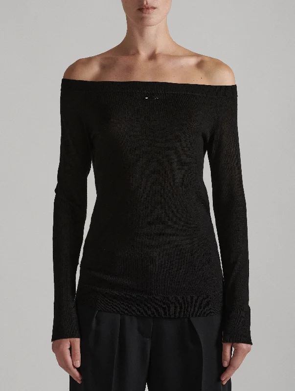 Boat-neck sweater in black fine knit