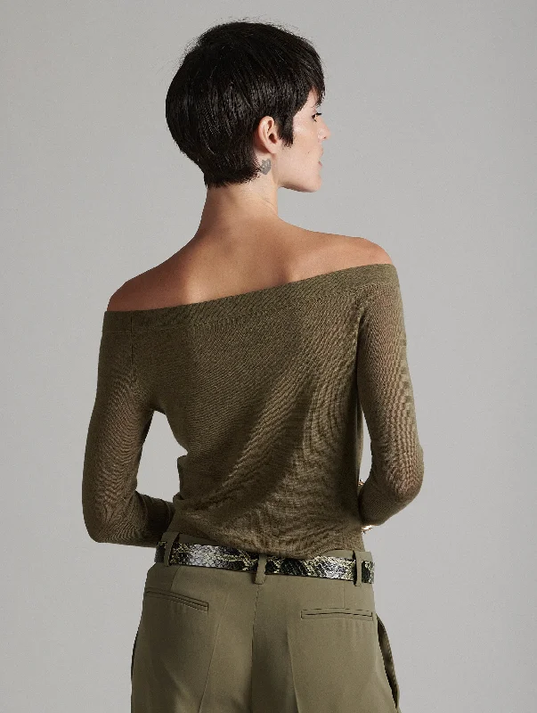 Boat-neck sweater in fine khaki knit