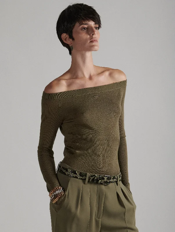 Boat-neck sweater in fine khaki knit