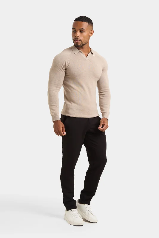 Buttonless Open Collar Knitted Polo Shirt in Neutral