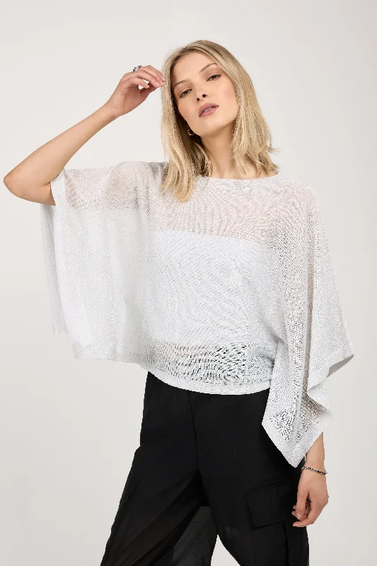 Cotton Knit Kimono Top in White with Silver Lurex