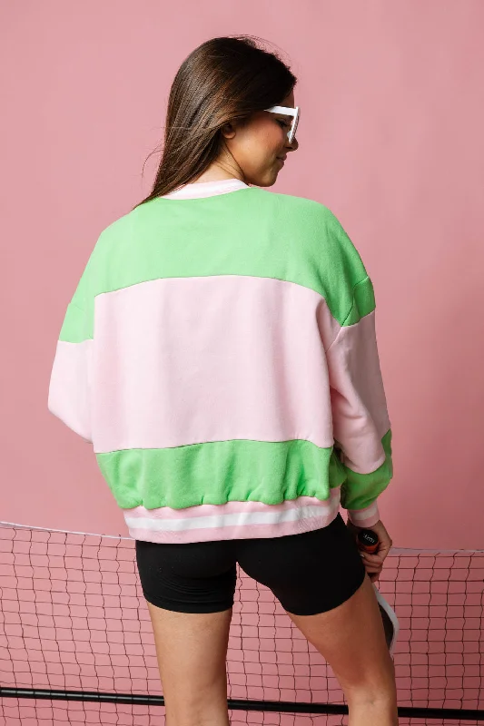 Green & Pink Stripe Pickle Ball Sweatshirt