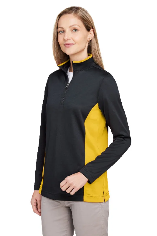 Harriton Womens Flash Performance Moisture Wicking Colorblock 1/4 Zip Sweatshirt - Black/Sunray Yellow