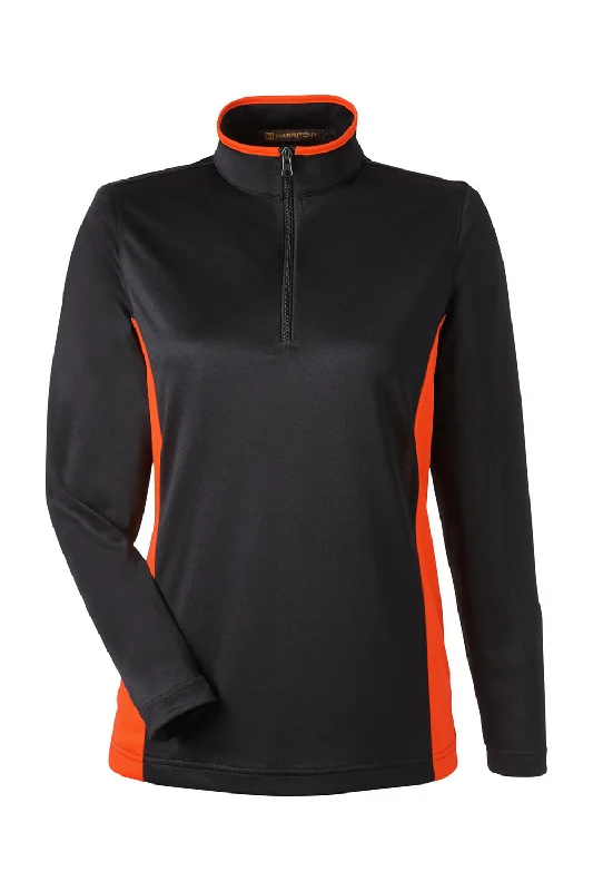 Harriton Womens Flash Performance Moisture Wicking Colorblock 1/4 Zip Sweatshirt - Black/Team Orange