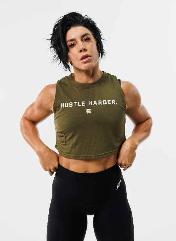 HUSTLE HARDER CROP TANK - OLIVE