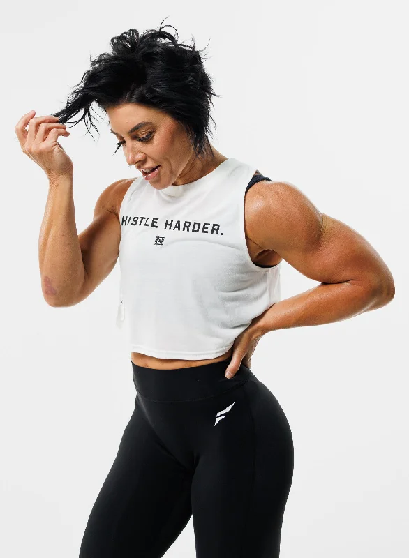 HUSTLE HARDER CROP TANK - WHITE