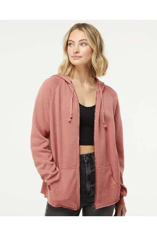 Independent Trading Co. Womens California Wave Wash Full Zip Hooded Sweatshirt Hoodie - Dusty Rose - NEW